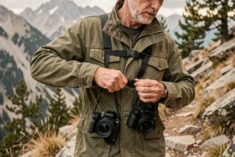 Photographe portant un harnais double appareil photo sur un sentier de montagne, ajustant les sangles de son équipement
