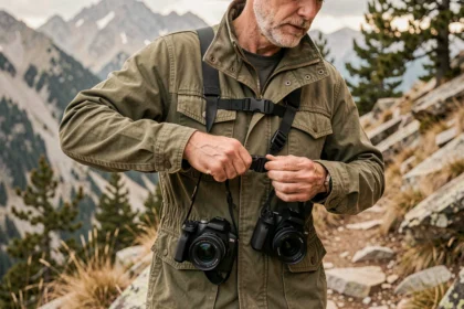 Photographe portant un harnais double appareil photo sur un sentier de montagne, ajustant les sangles de son équipement
