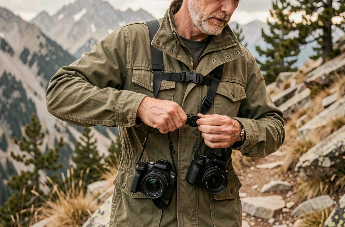Photographe portant un harnais double appareil photo sur un sentier de montagne, ajustant les sangles de son équipement