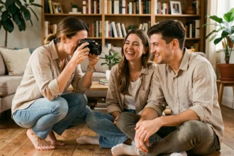 Photographe intime en séance photo avec un couple dans un intérieur cosy et naturel