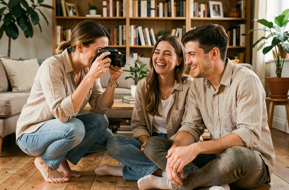 Photographe intime en séance photo avec un couple dans un intérieur cosy et naturel