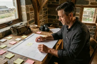 Photographe professionnel à Morlaix consultant son planning de réservations dans son studio breton