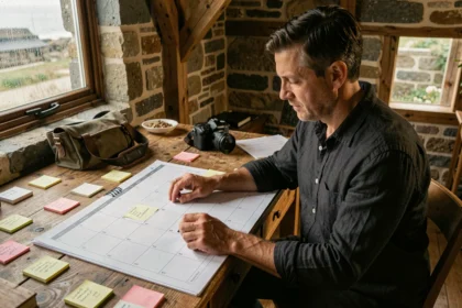 Photographe professionnel à Morlaix consultant son planning de réservations dans son studio breton