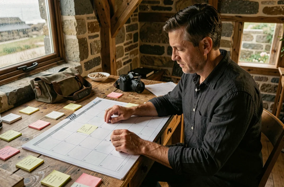 Photographe professionnel à Morlaix consultant son planning de réservations dans son studio breton