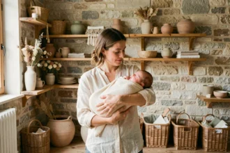 Photographe spécialisée naissance en Centre-Val de Loire tenant un nouveau-né dans un studio aux murs en pierre