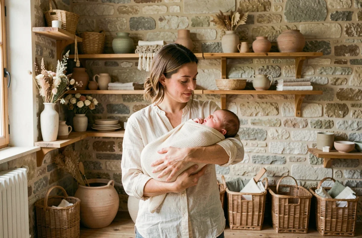 Photographe spécialisée naissance en Centre-Val de Loire tenant un nouveau-né dans un studio aux murs en pierre