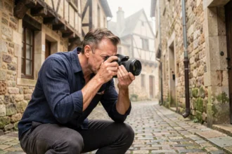 Photographe professionnel dans les rues médiévales de Parthenay capturant des souvenirs avec un appareil photo reflex