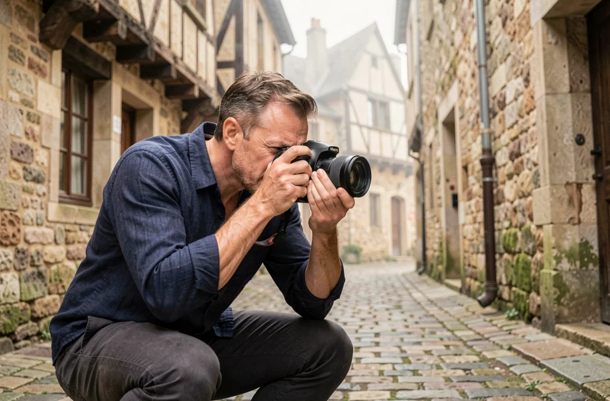 Photographe professionnel dans les rues médiévales de Parthenay capturant des souvenirs avec un appareil photo reflex