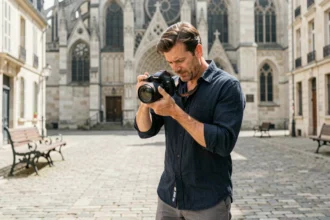 Photographe professionnel ajustant son appareil photo devant la basilique de Saint-Quentin