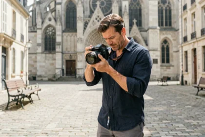 Photographe professionnel ajustant son appareil photo devant la basilique de Saint-Quentin