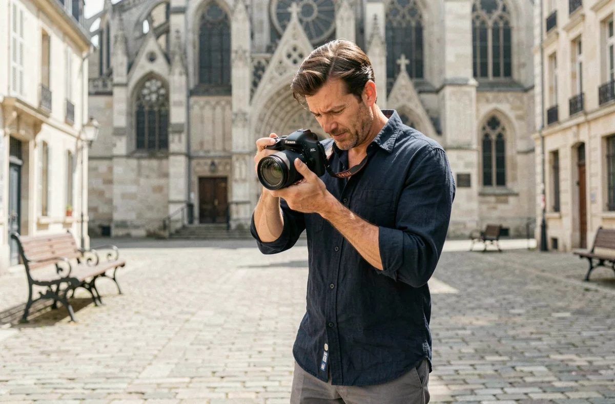 Photographe professionnel ajustant son appareil photo devant la basilique de Saint-Quentin