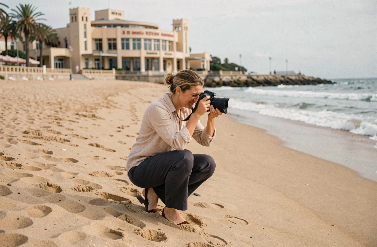 Photographe professionnelle en séance de shooting sur la plage de Royan avec vue sur le front de mer Art Déco