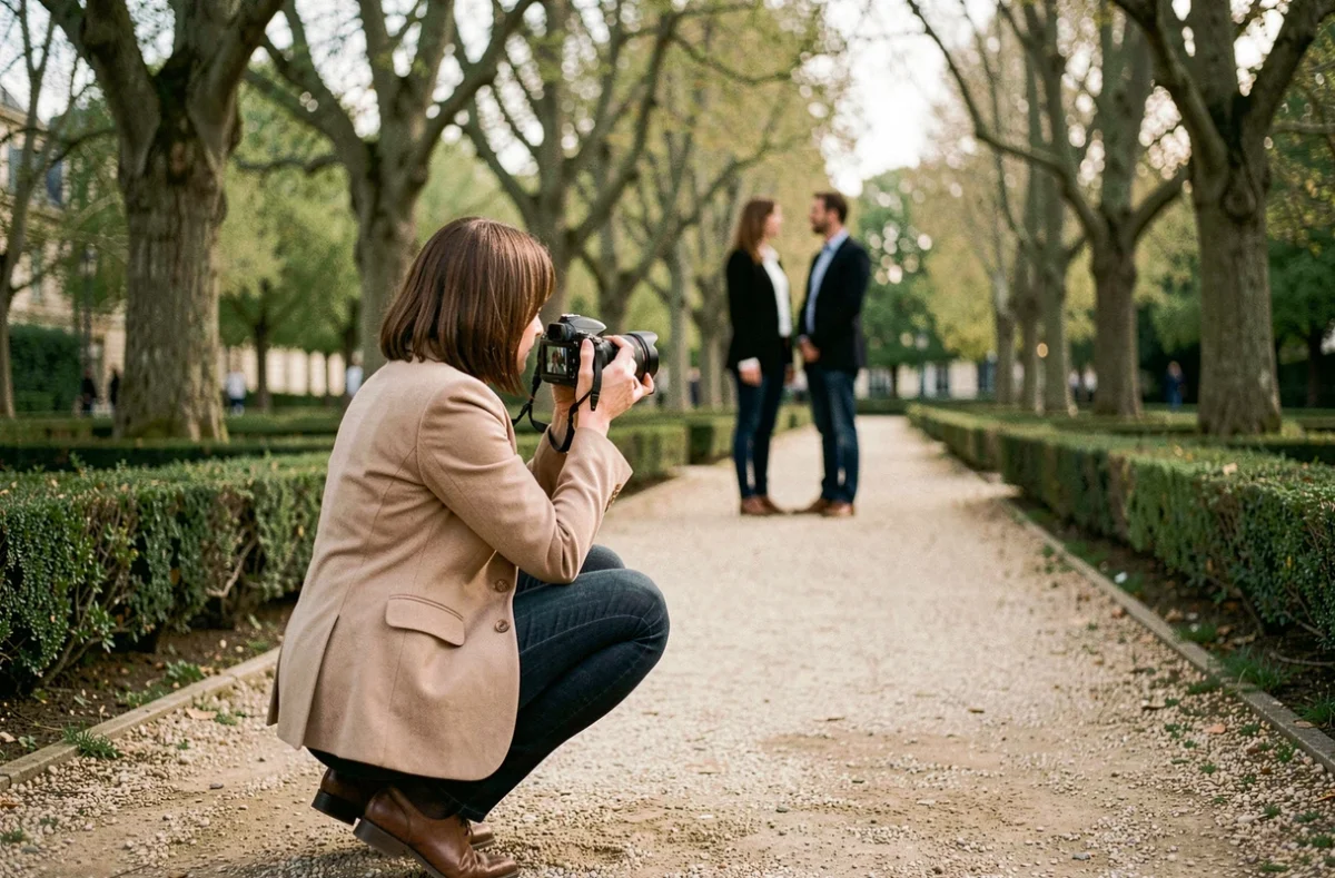 Photographe femme en session portrait en extérieur dans un parc de Saint-Quentin