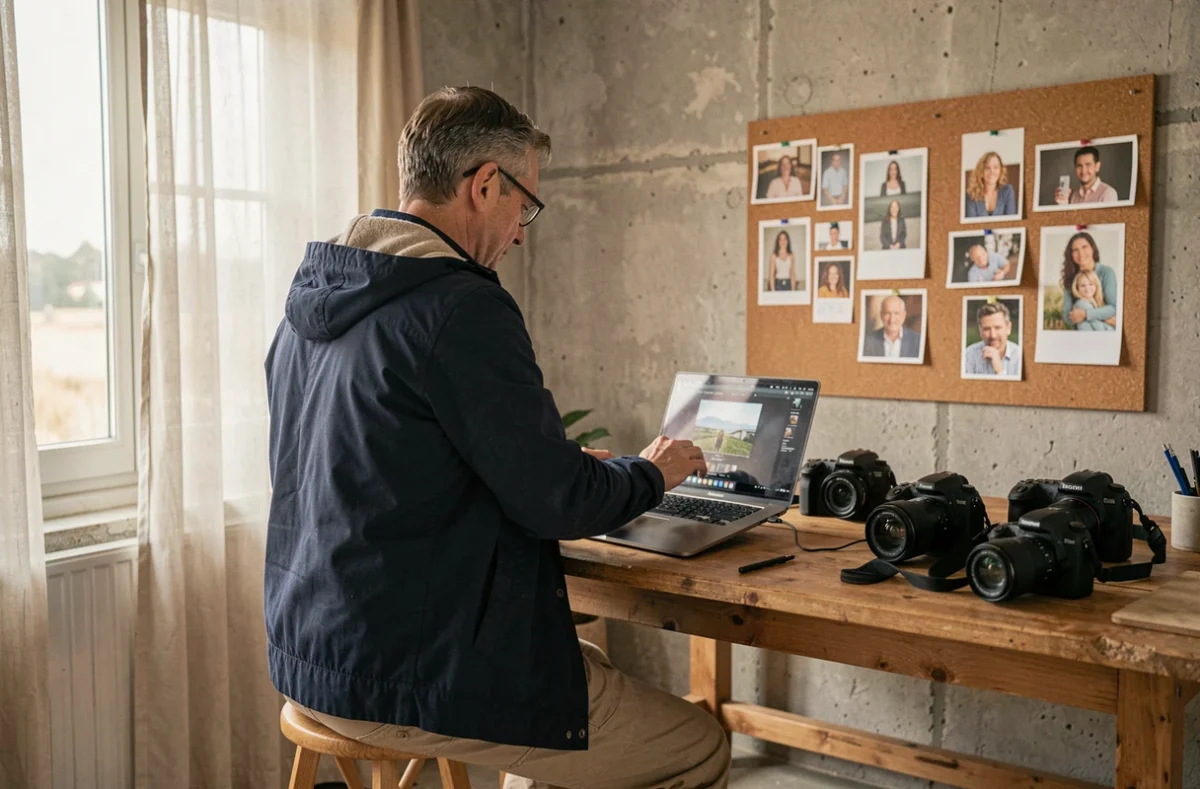 Photographe à Royan examinant des photos dans son studio professionnel avec matériel et tirages affichés