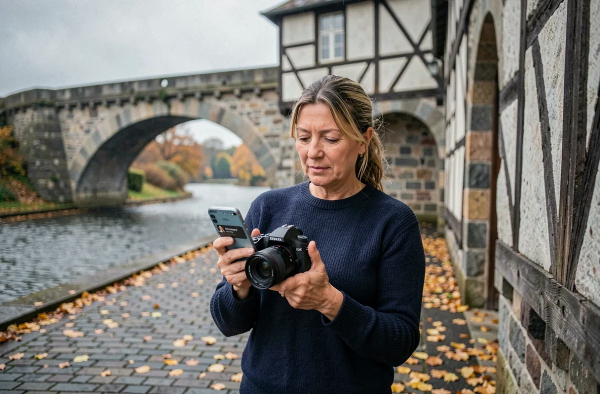 Photographe professionnelle vérifiant ses réservations devant le viaduc de Morlaix en automne