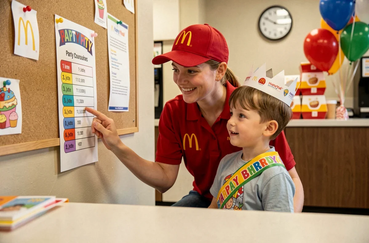 Coordinatrice McDonald's présentant le programme horaire d'un anniversaire à un jeune enfant