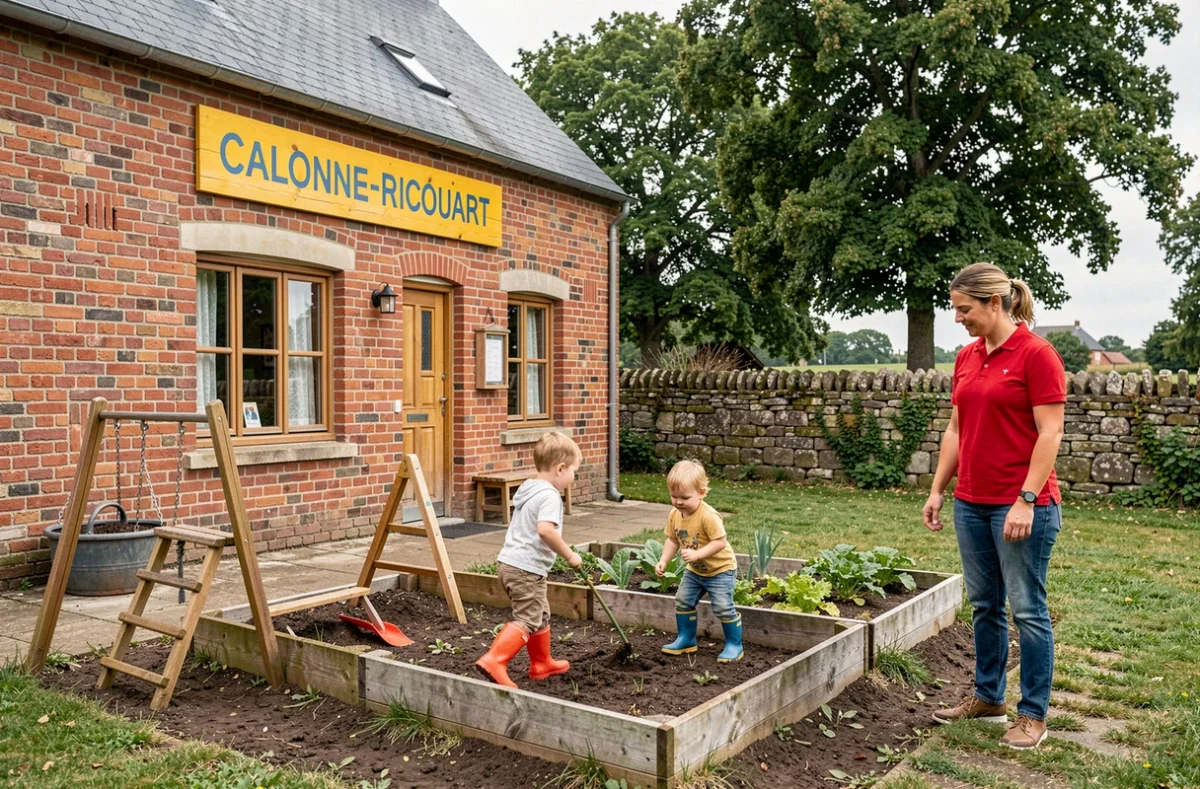Jardin extérieur de la crèche Pomme d'Api à Calonne-Ricouart avec enfants explorant l'espace verdoyant