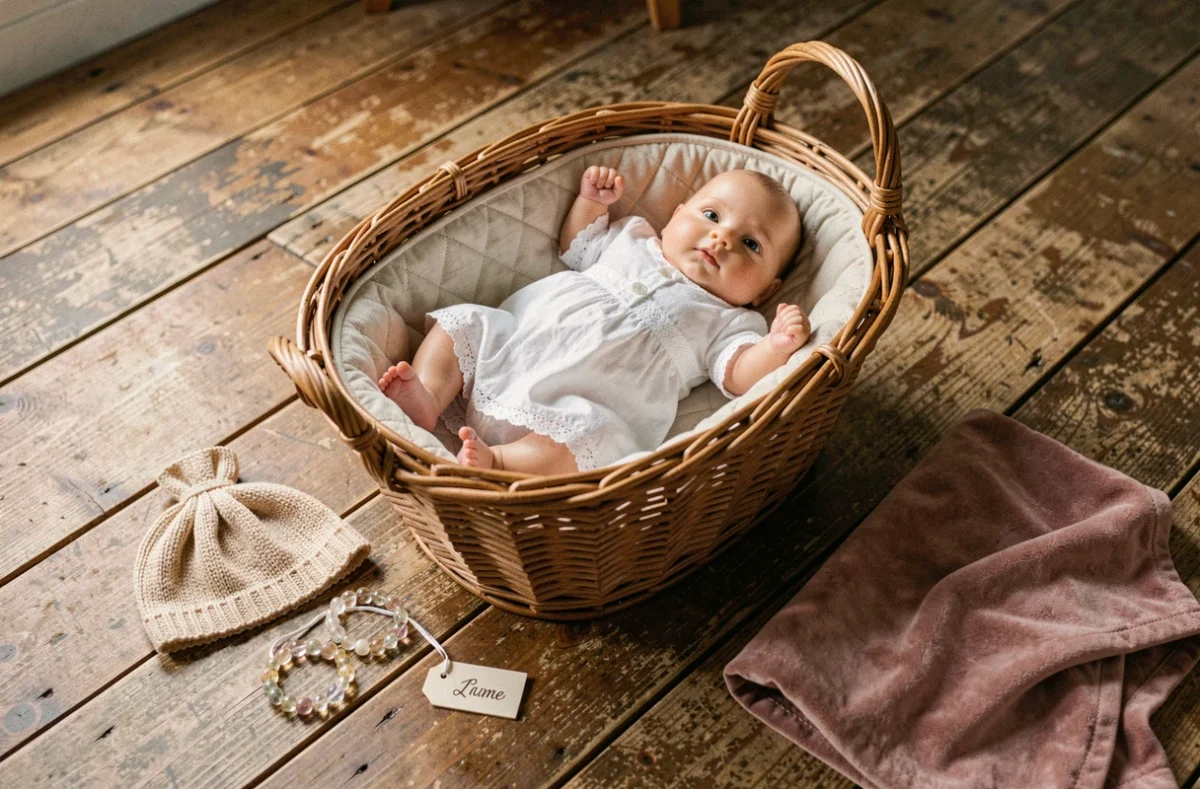 Poupée bébé reborn personnalisée dans un berceau en osier avec accessoires faits main
