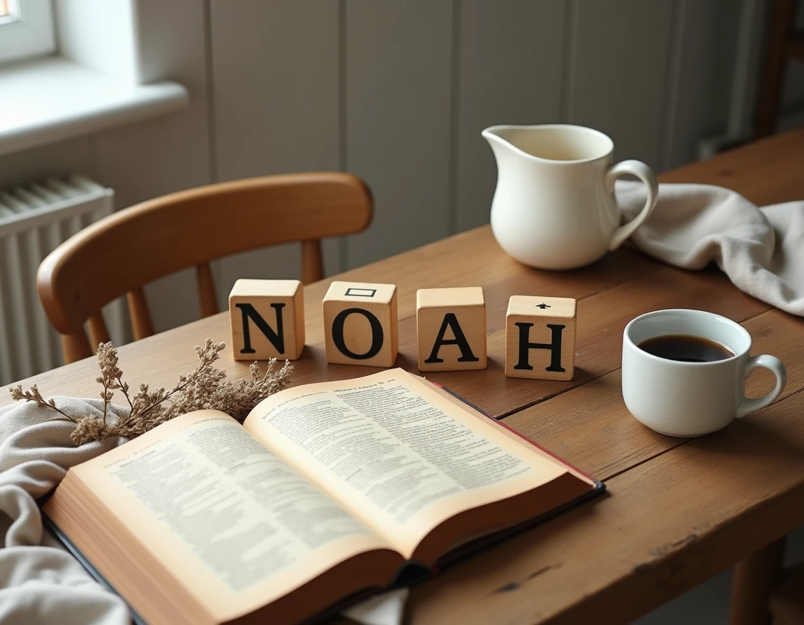 Lettres en bois formant le prénom Noah sur une table rustique avec un dictionnaire étymologique ouvert