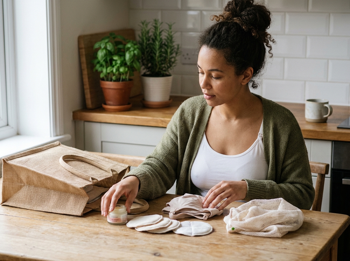 Femme préparant ses accessoires d'allaitement sur une table de cuisine avant l'accouchement, coussinets et crème tétées visibles