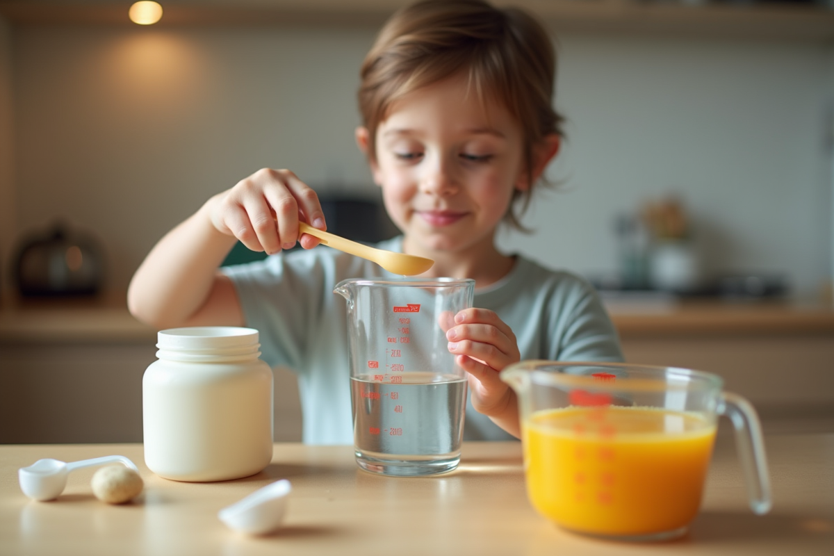Parent préparant le lait de bébé avec mesure d