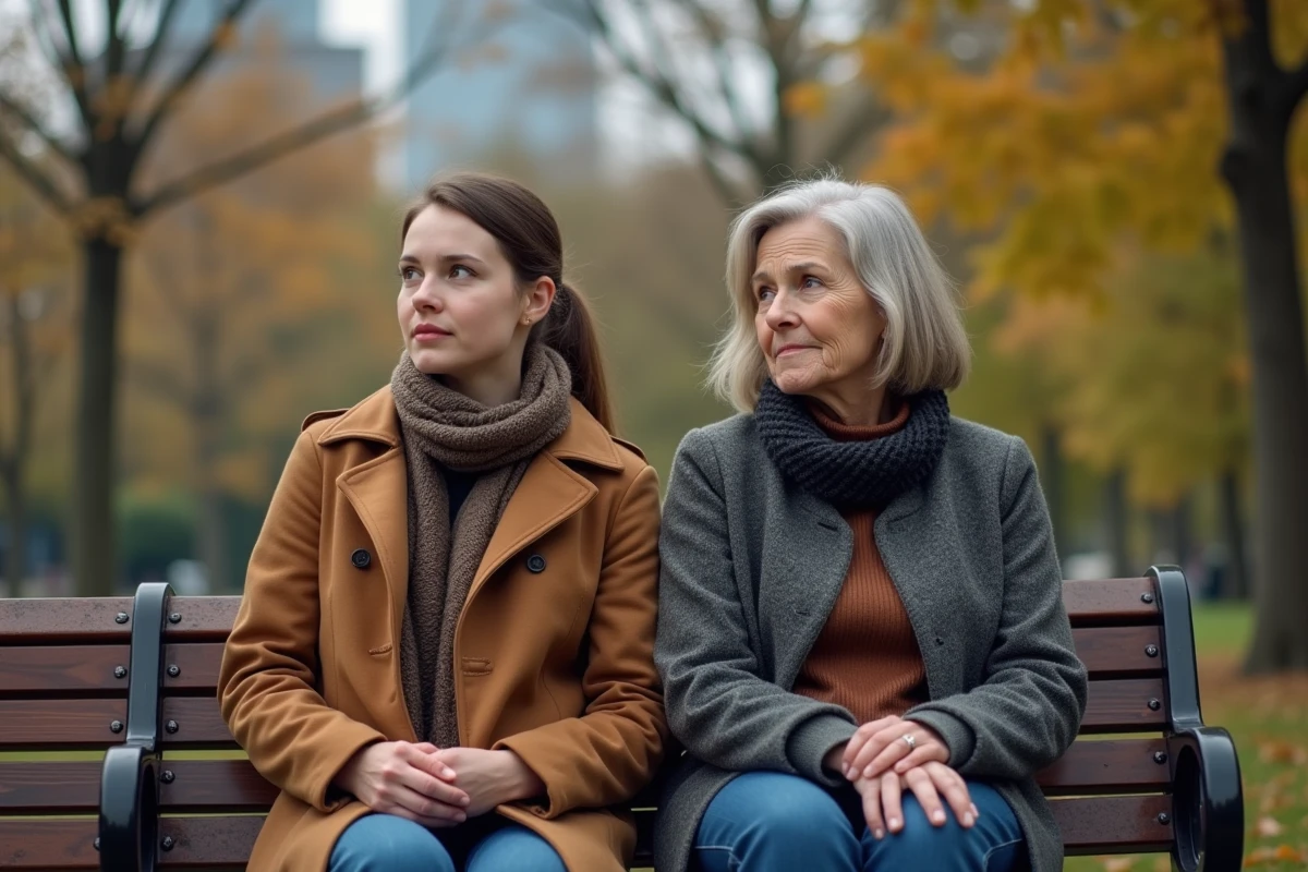 Fille et mère assises sur un banc dans un parc urbain