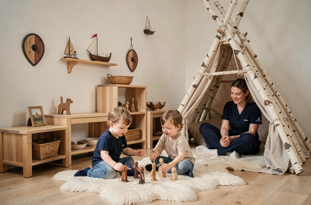 Salle décorée de motifs vikings dans la micro-crèche Les Ptits Vikings à Chambly avec enfants jouant en autonomie