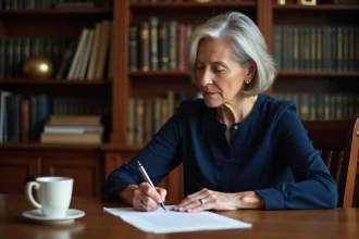 Femme mature rédigeant un testament olographe à la main dans un bureau à domicile