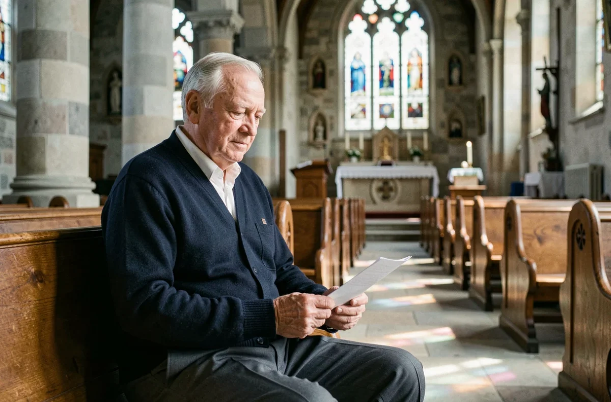 Homme âgé tenant une lettre de remerciement dans une église catholique aux vitraux colorés