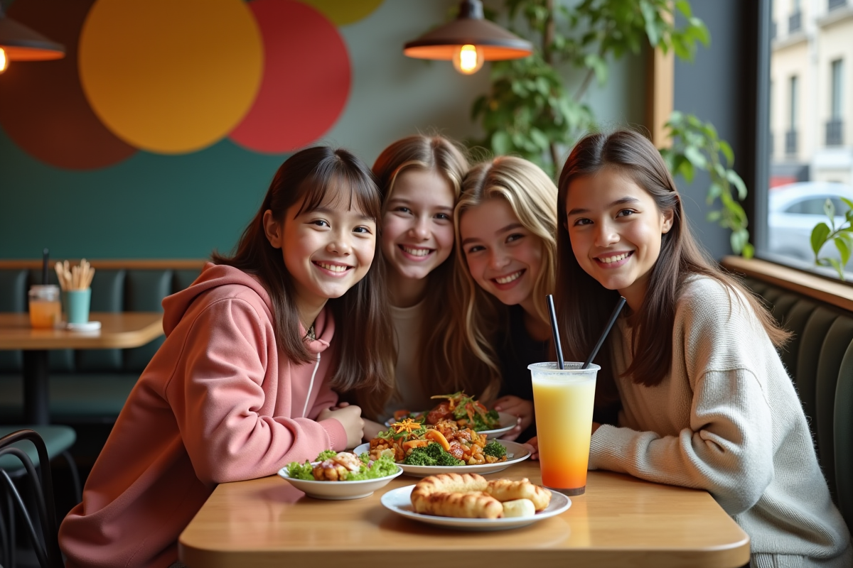 Intérieur moderne d un restaurant parisien avec jeunes et plats colorés