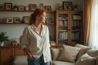 Femme aux cheveux auburn contemplant des photos de famille dans un salon chaleureux, évoquant les liens fraternels et la place singulière au sein d'une famille