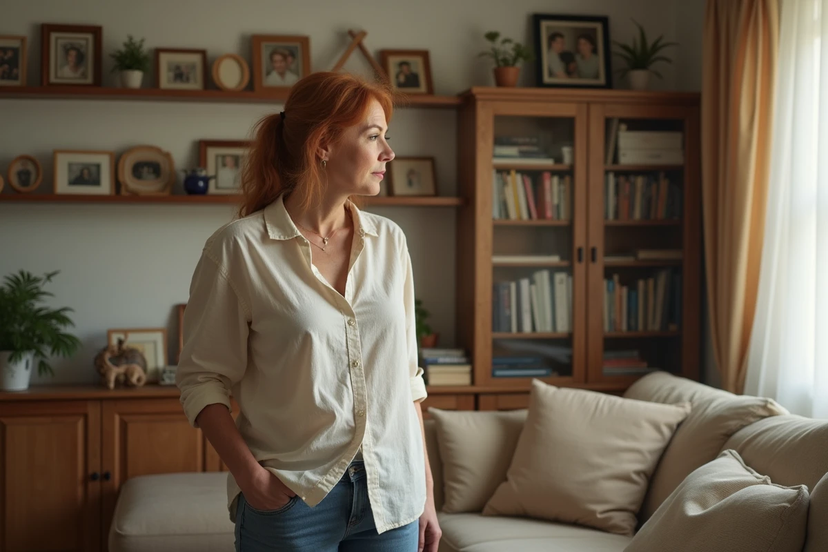 Femme aux cheveux auburn contemplant des photos de famille dans un salon chaleureux, évoquant les liens fraternels et la place singulière au sein d'une famille