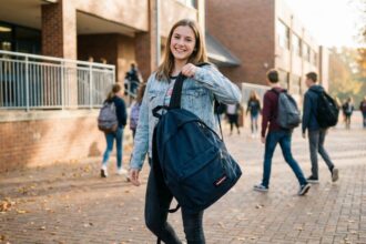 Jeune fille avec un sac à dos Eastpak bleu marine devant l'entrée d'un lycée à la rentrée scolaire