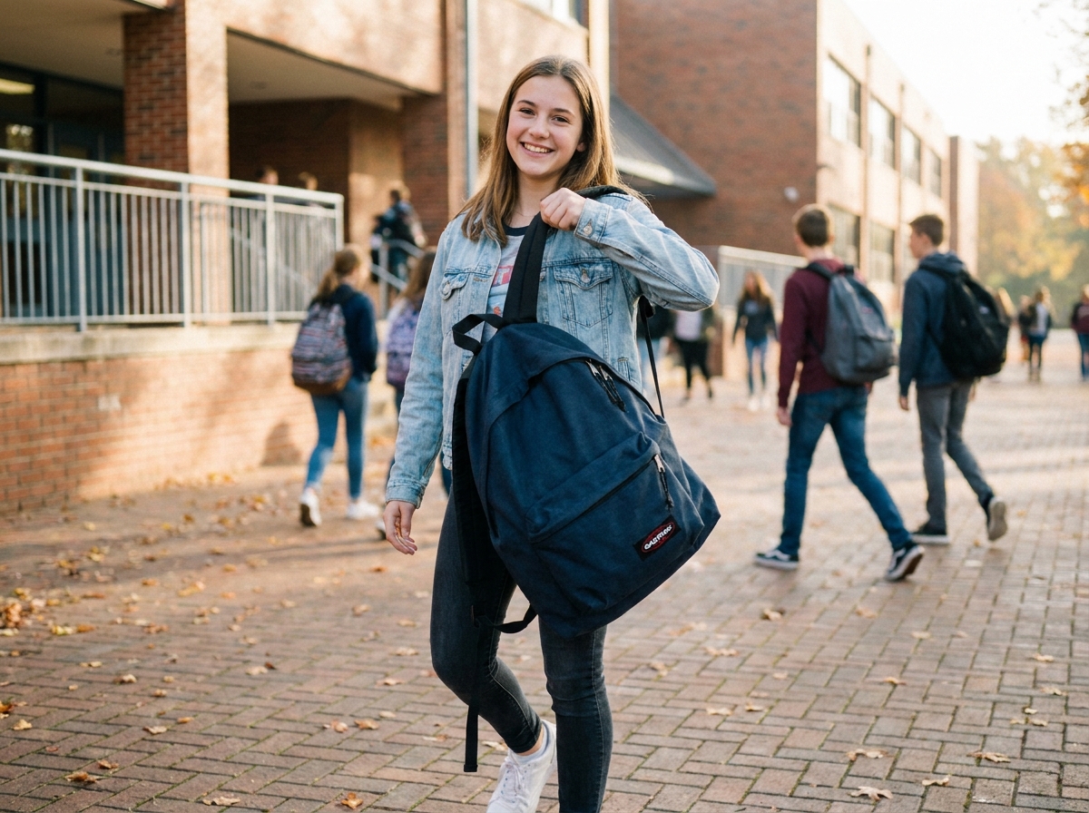 Jeune fille avec un sac à dos Eastpak bleu marine devant l'entrée d'un lycée à la rentrée scolaire