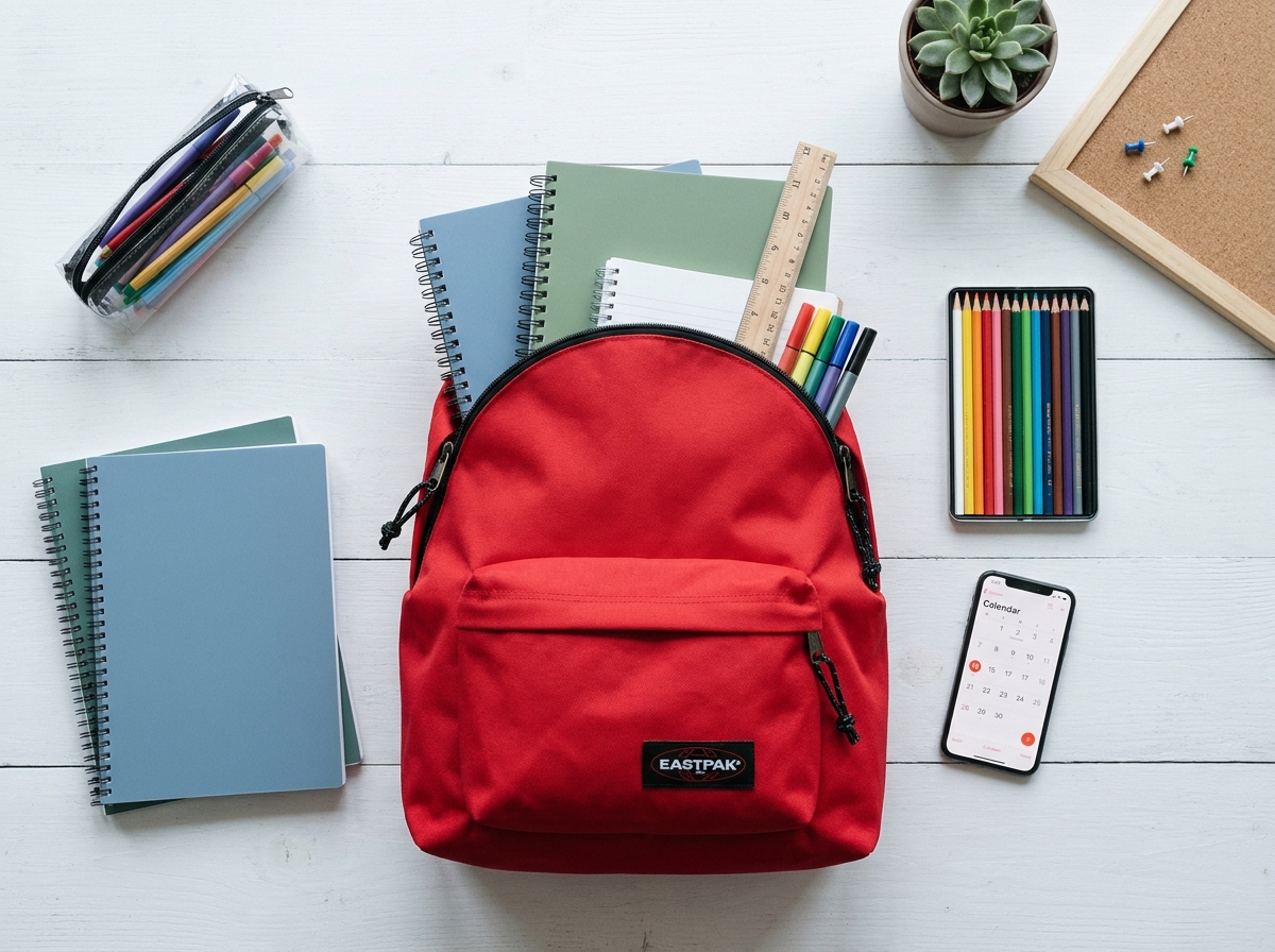 Flat-lay d'un sac à dos Eastpak rouge avec des fournitures scolaires pour la rentrée 2026