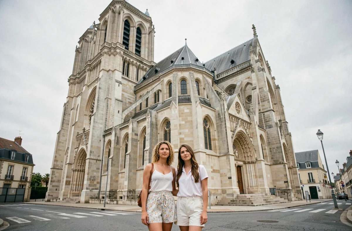 Couple en séance photo devant l'église Notre-Dame de Royan lors d'un shooting en extérieur
