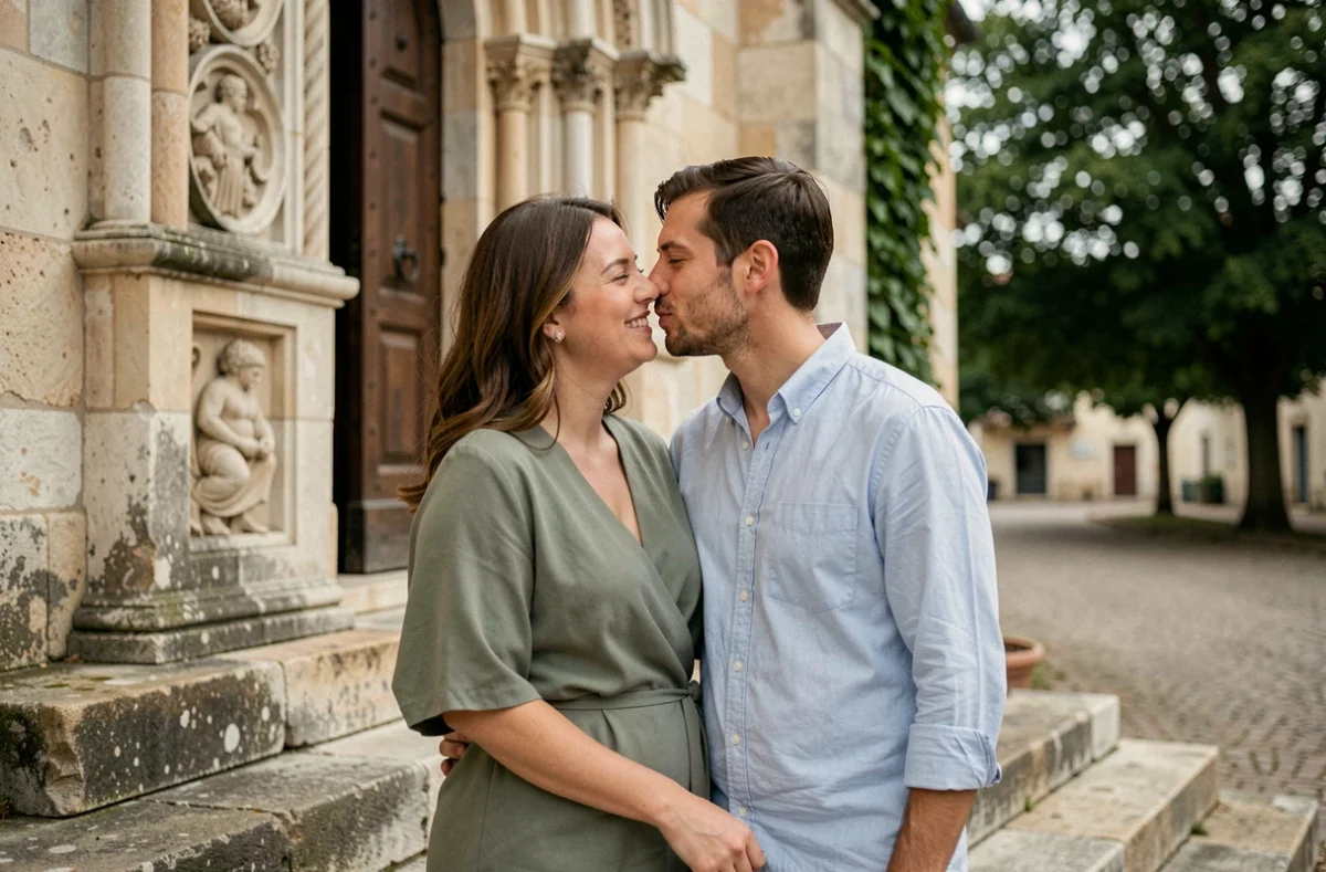 Couple en séance photo devant une église romane de Parthenay capturant un moment de complicité naturelle