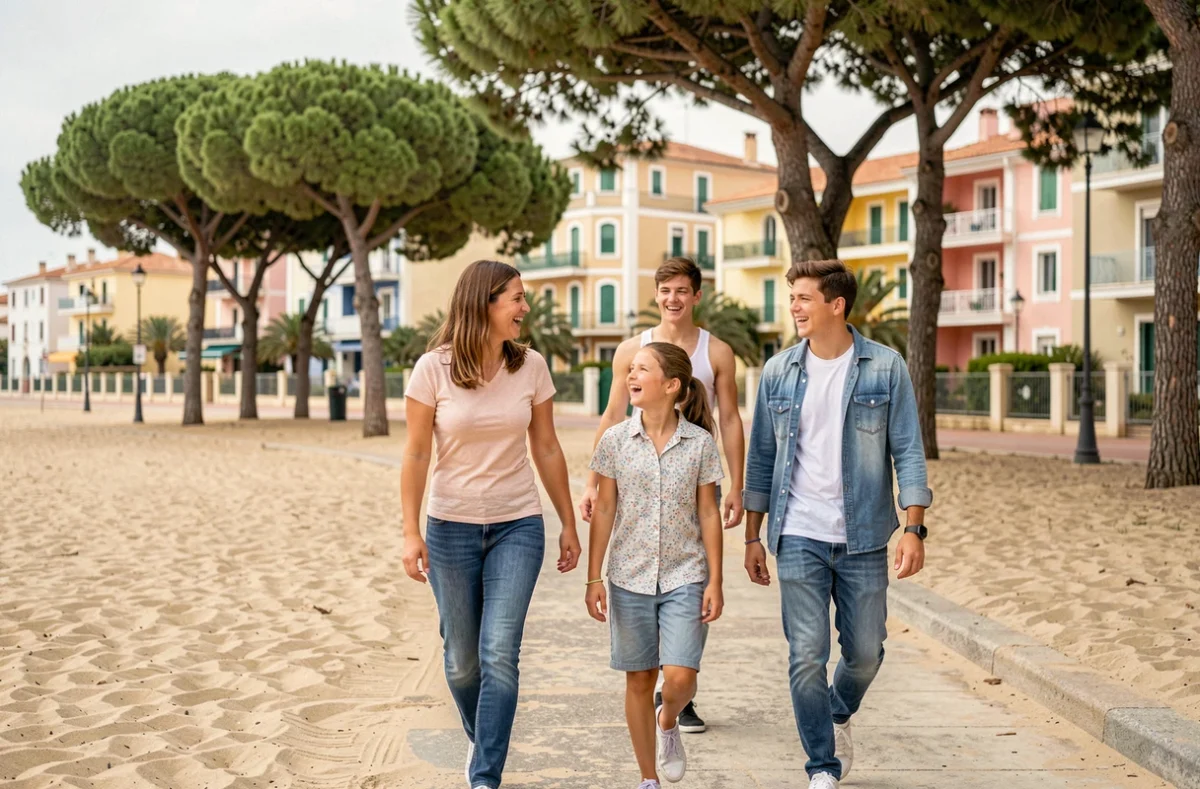 Famille en séance photo sur la promenade de Pontaillac à Royan avec villas Belle Époque en arrière-plan