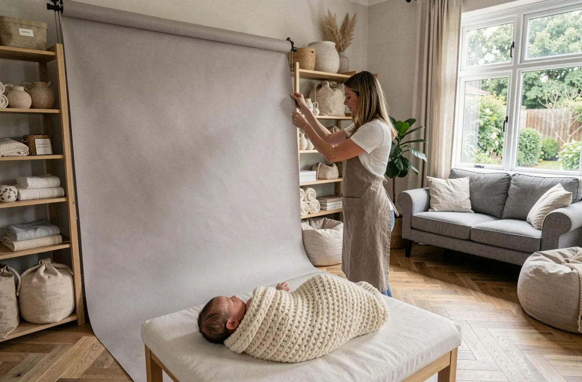 Photographe préparant un studio pour une séance naissance, avec l'option de venir à domicile également illustrée