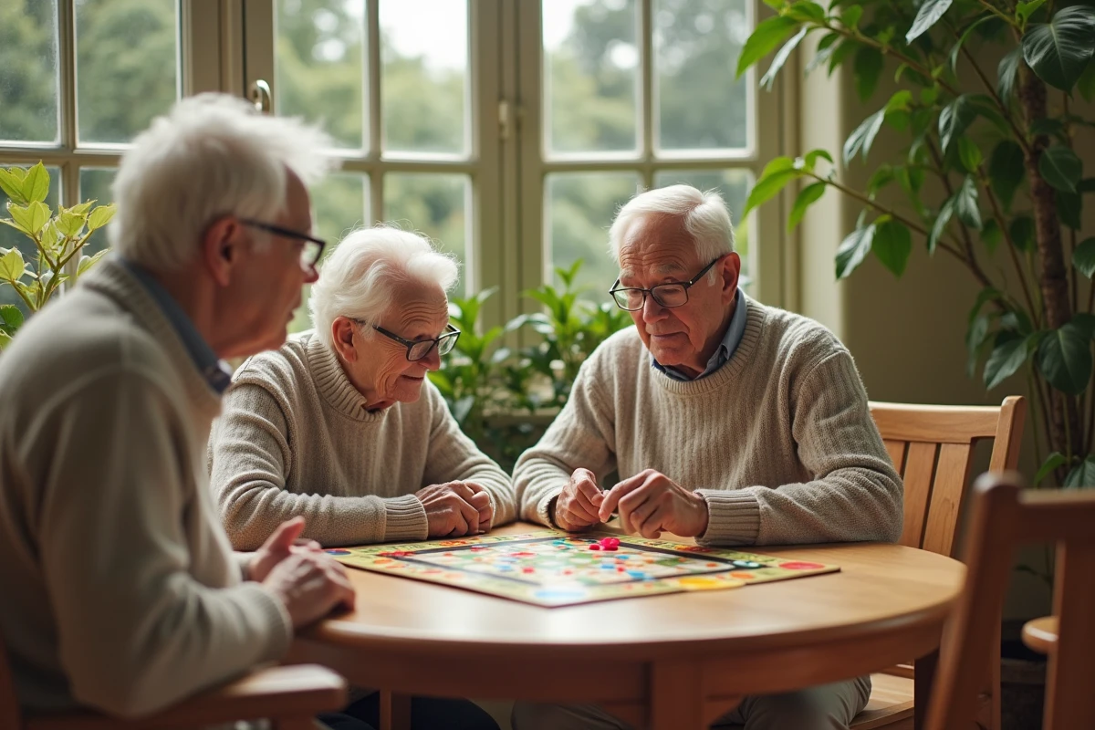 Seniors examinant un jeu Trivial Pursuit dans un salon lumineux