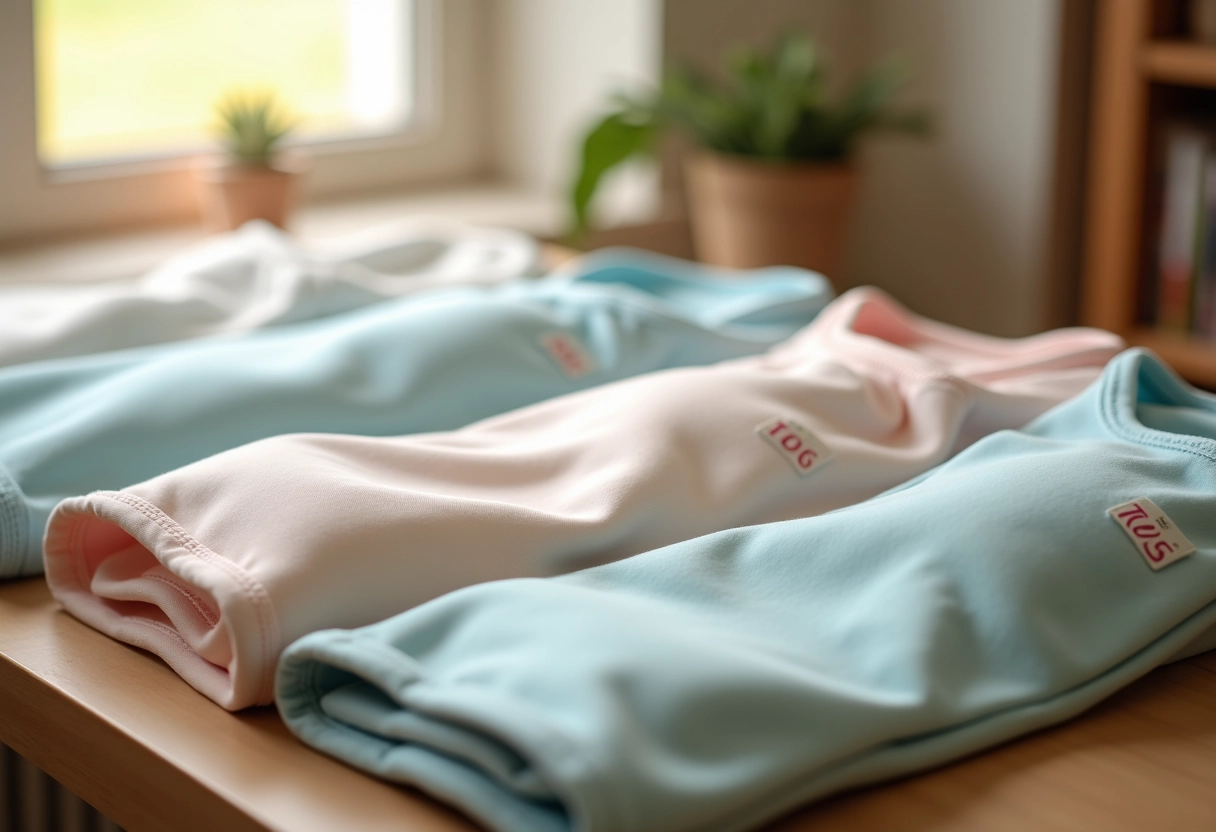 Sacs de sommeil pour bébé alignés avec étiquettes TOG sur une table en bois