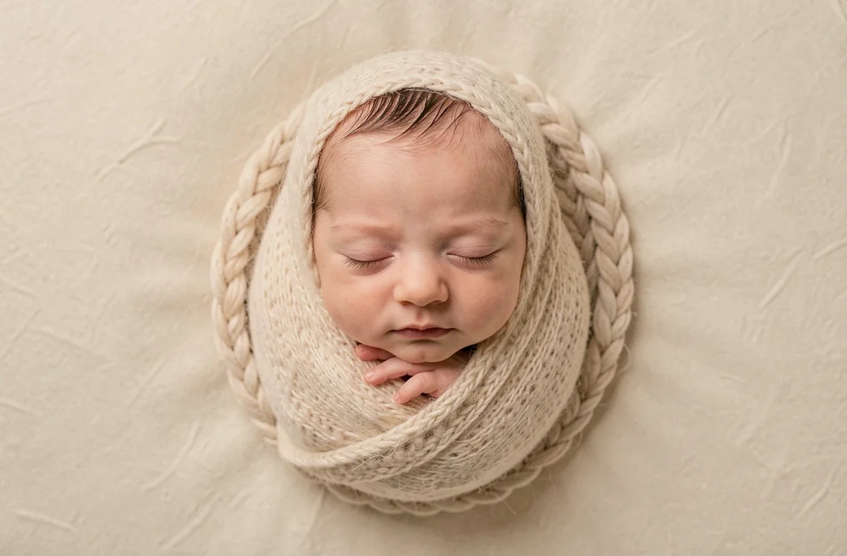 Gros plan sur un nouveau-né endormi dans un nid en tricot, illustrant la spécialisation en photographie de naissance