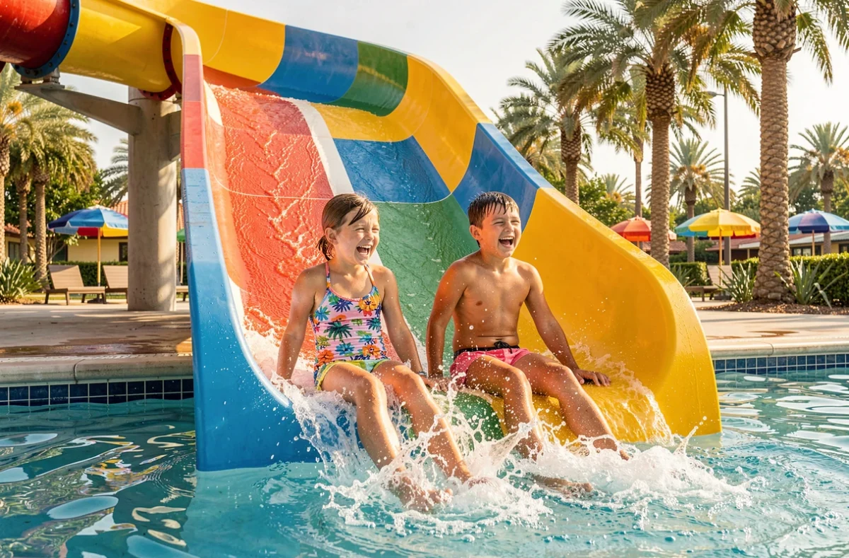 Enfants dévalant le toboggan aquatique de Splash Parc dans le Gard