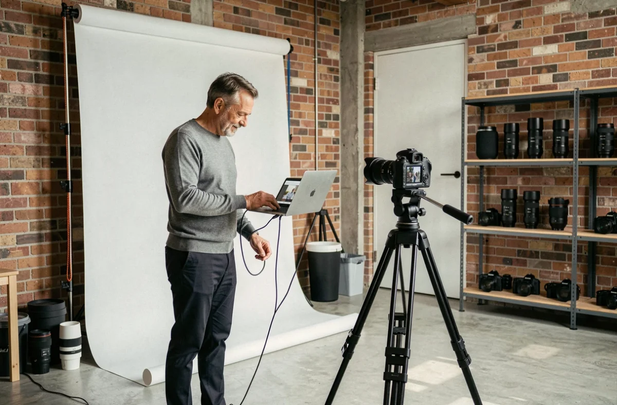 Photographe professionnel dans son studio à Saint-Quentin révisant des photos sur ordinateur