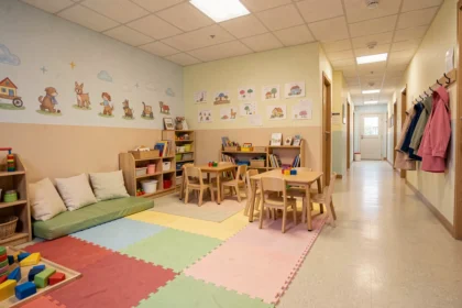 Vue d'ensemble d'une crèche dans les Hauts-de-France avec espace de jeu coloré et mobilier adapté aux tout-petits
