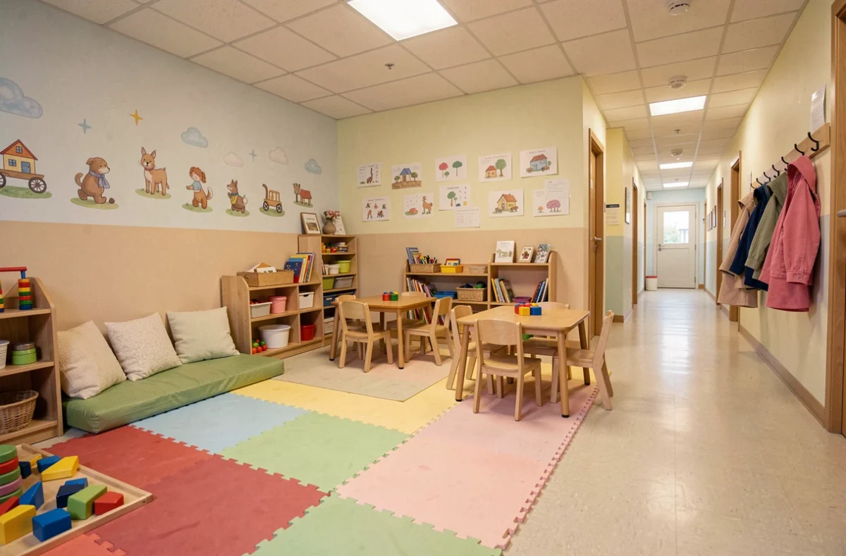Vue d'ensemble d'une crèche dans les Hauts-de-France avec espace de jeu coloré et mobilier adapté aux tout-petits