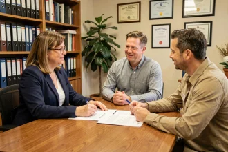 Travailleuse sociale et couple en train de consulter des documents d'adoption dans un bureau professionnel