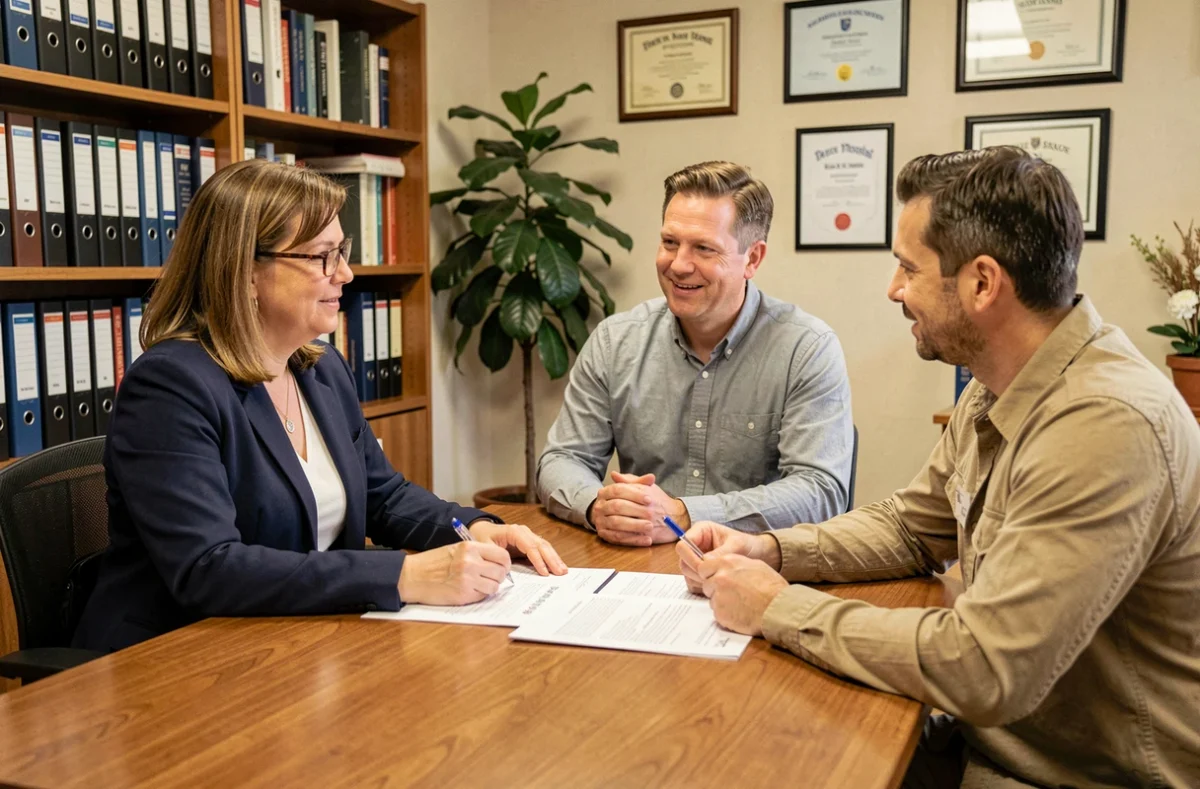 Travailleuse sociale et couple en train de consulter des documents d'adoption dans un bureau professionnel
