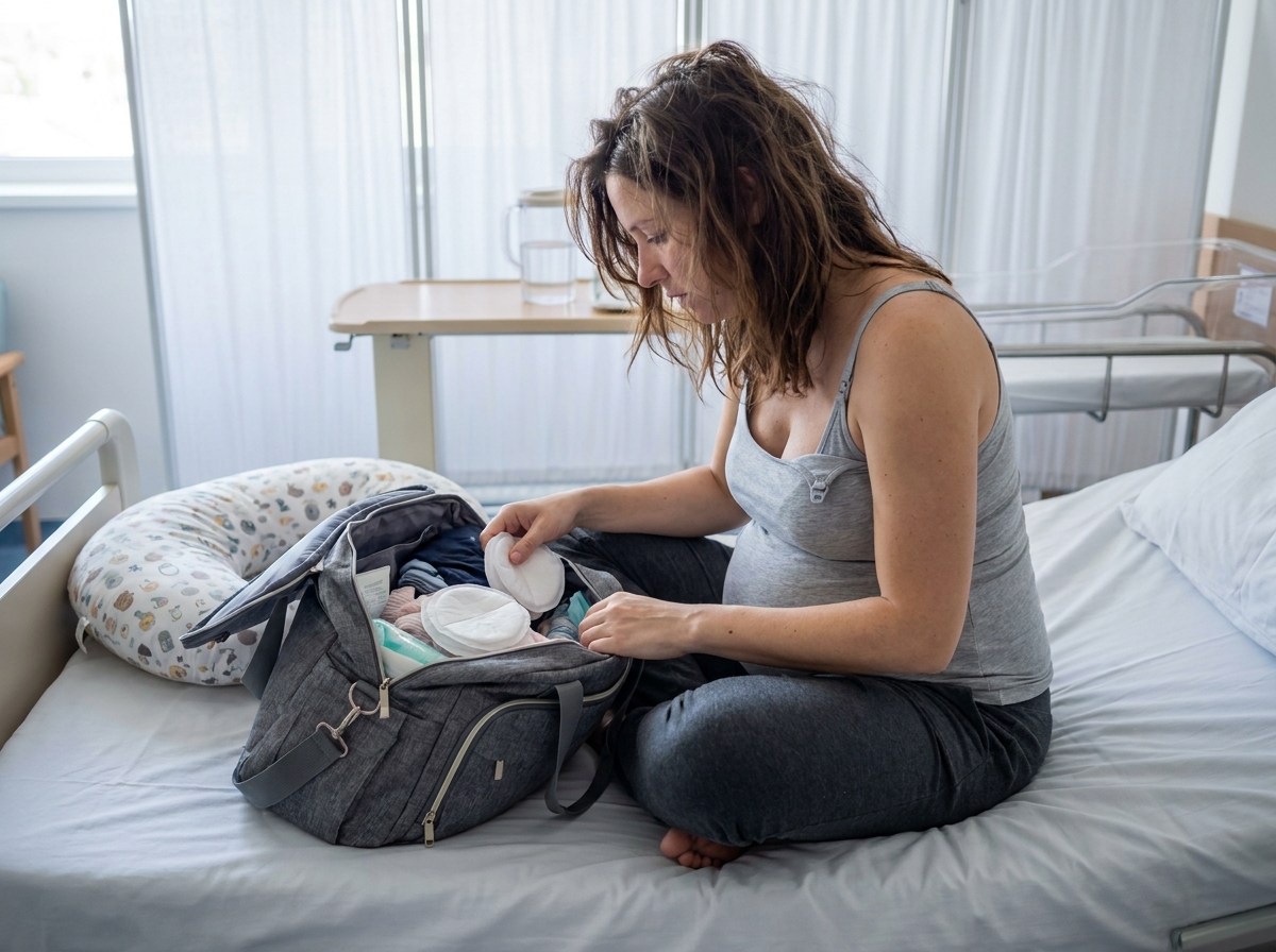 Femme en post-partum vérifiant le contenu de sa valise maternité avec coussin d'allaitement sur un lit d'hôpital