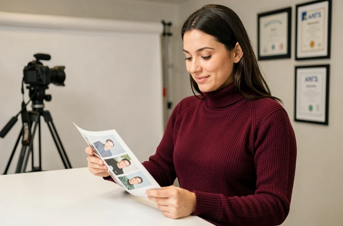 Femme vérifiant ses photos d'identité agréées ANTS imprimées dans un studio photo professionnel